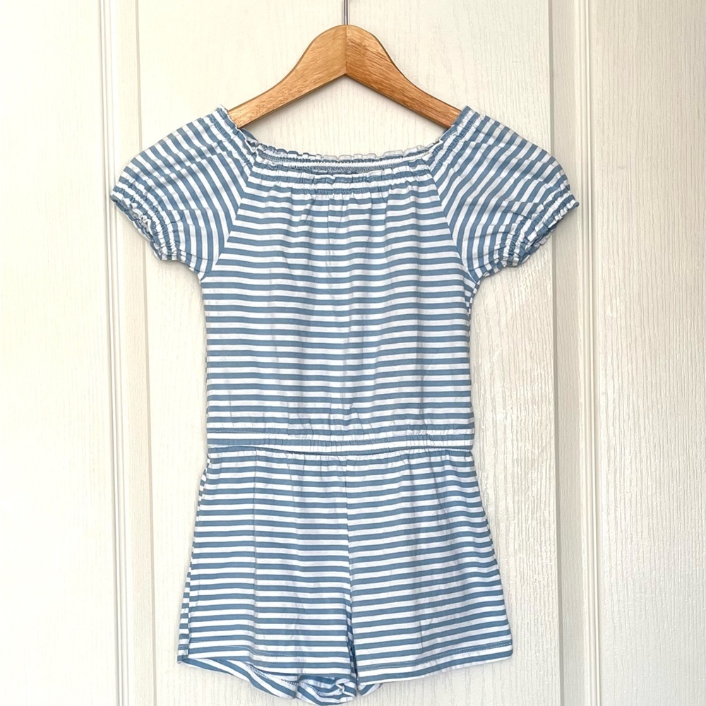 Old Navy Girls Blue White Striped Puff Sleeve Jersey Romper Sz (6-7) Beachy